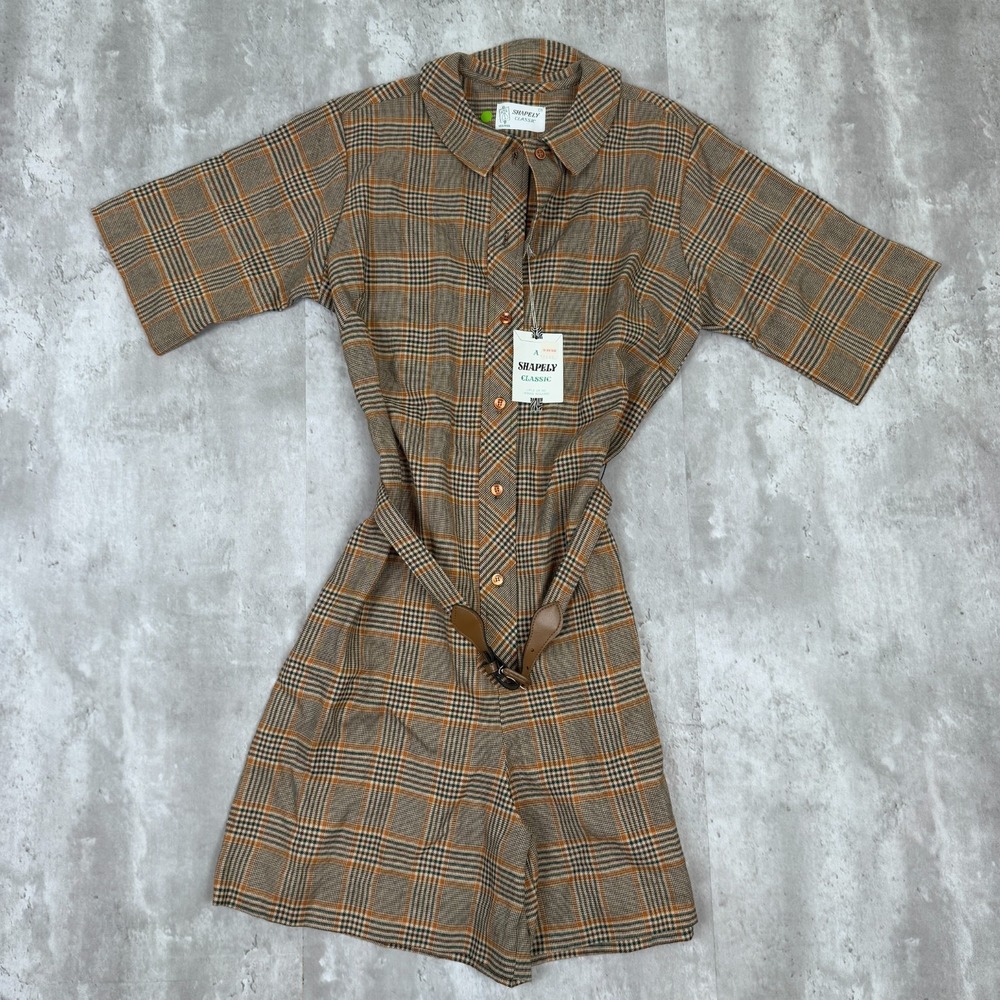 Vintage Shapely Classic Romper Womens 14 Plaid Brown Belt Short Sleeve 70s NWT